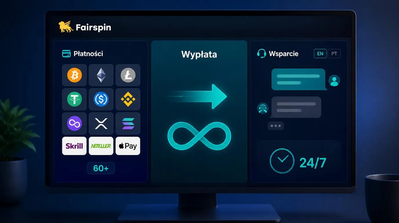 Panel z metodami płatności, symbolem wypłat bez limitu i ikoną całodobowego wsparcia