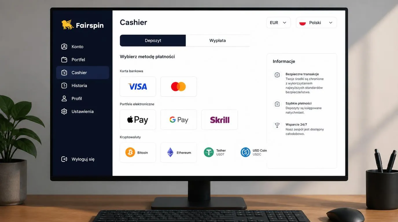 Panel kasy z kartami, portfelami elektronicznymi, kryptowalutami i wyborem polskiego języka