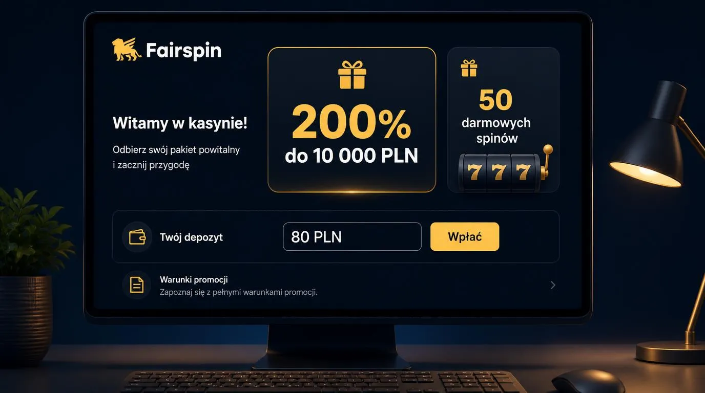 Panel bonusu powitalnego z ofertą 200% do 10 000 PLN, 50 darmowymi spinami i depozytem 80 PLN